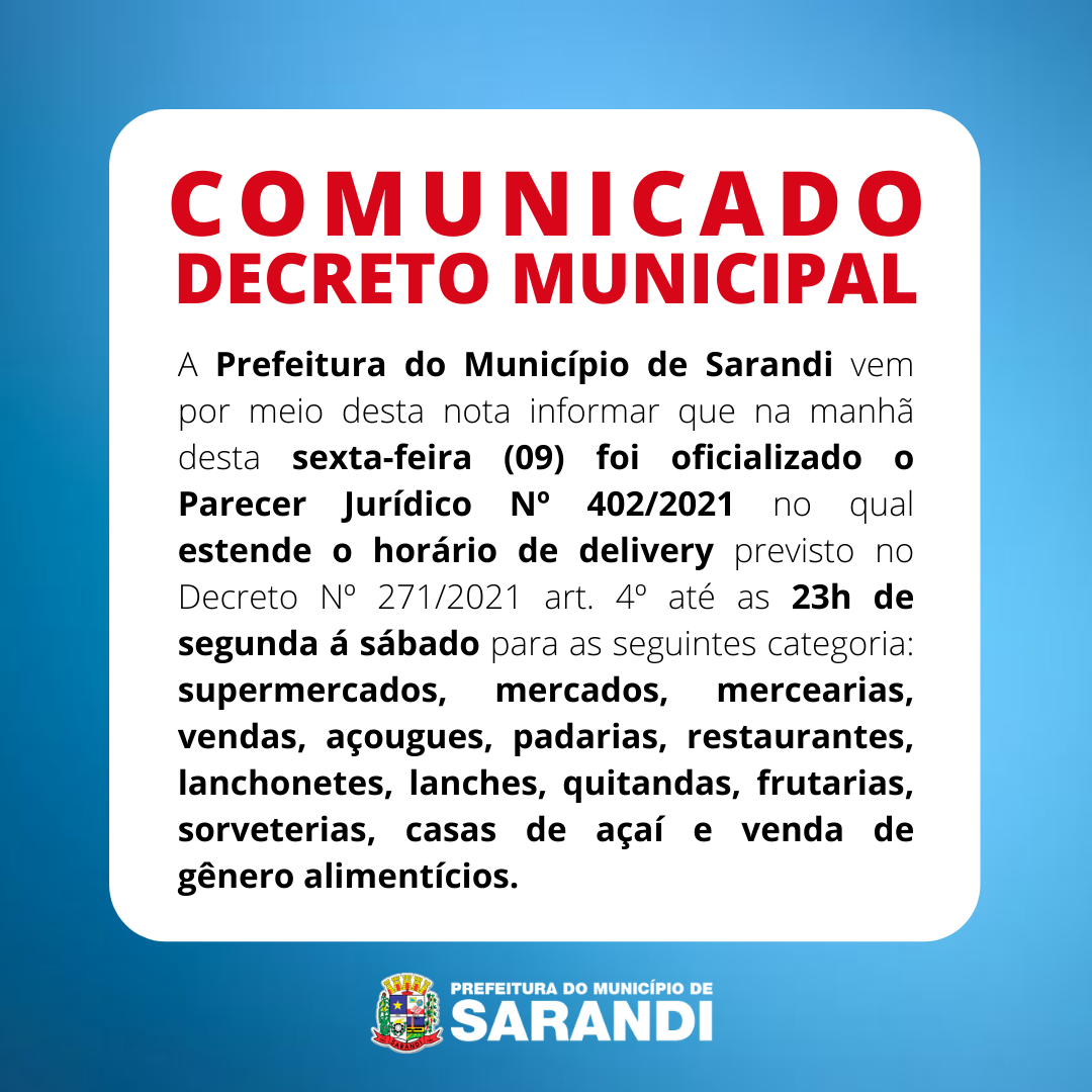 Prefeitura de Sarandi estende horário de delivery de alimentos de segunda a sábado no município